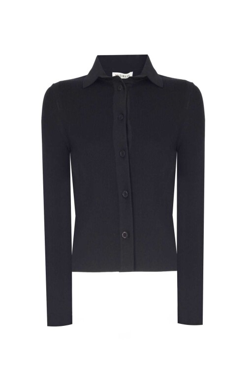 Black Shirt Collar Slim Fit Knit Women’s Cardigan - Triko Mısırlı