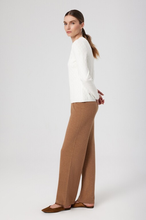 Camel High-Waisted Wide-Leg Women's Pants - Triko Mısırlı