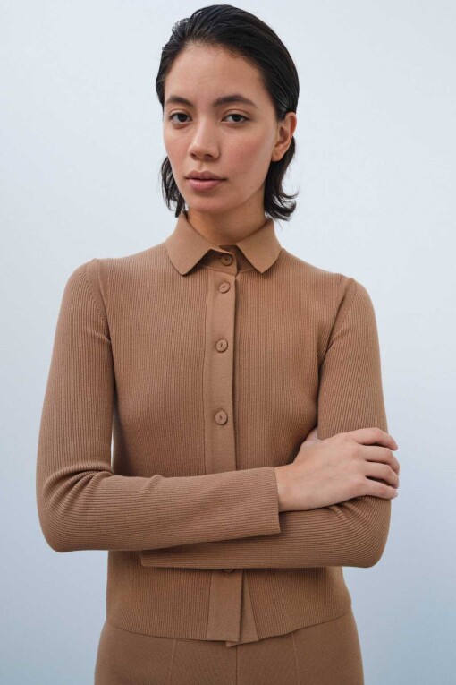 Camel Shirt Collar Slim Fit Knit Women’s Cardigan - Triko Mısırlı