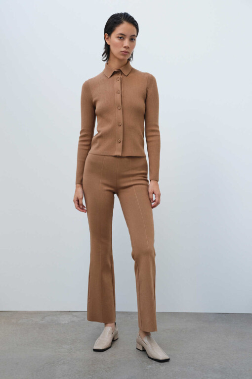 Camel Shirt Collar Slim Fit Knit Women’s Cardigan - Triko Mısırlı