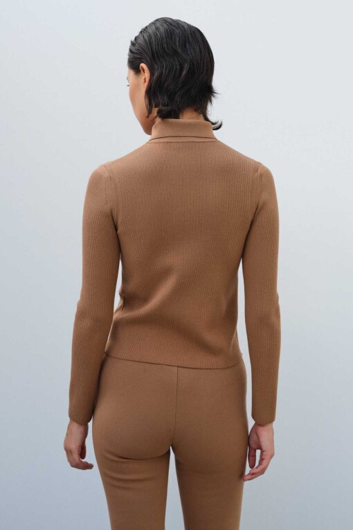 Camel Shirt Collar Slim Fit Knit Women’s Cardigan - Triko Mısırlı