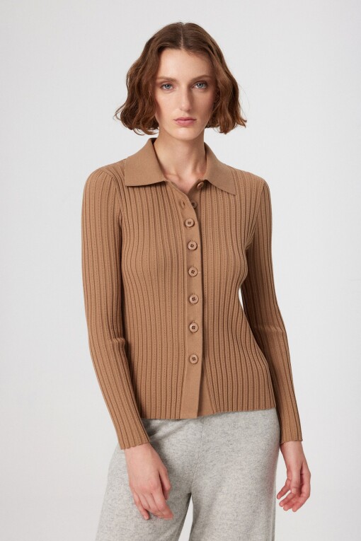 Caramel Ribbed Buttoned Women's Cardigan - Triko Mısırlı