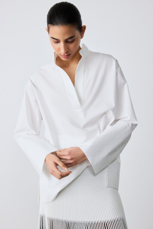 Ecru Mandarin Collar Long Sleeve Women's Shirt 