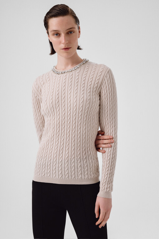 Light Beige Stone Embellished Neck Women's Sweater 