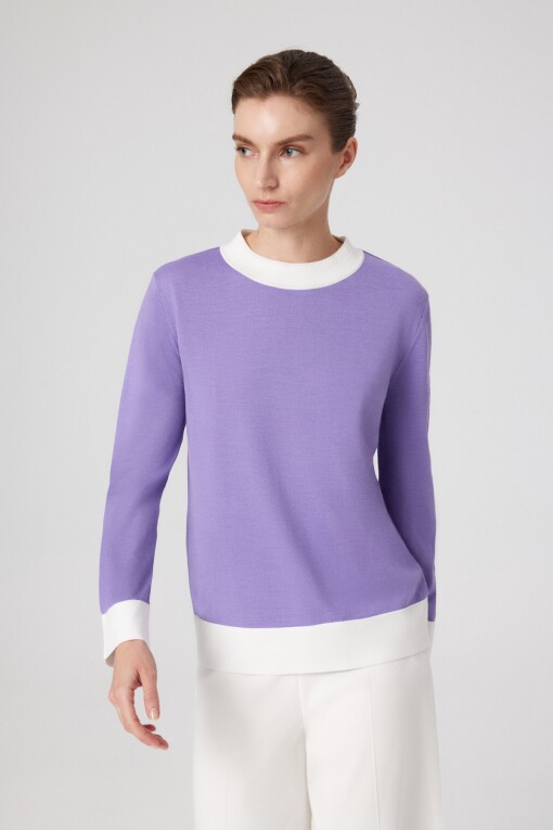 Lilac and White Cuffed Long Sleeve Women's Sweater 