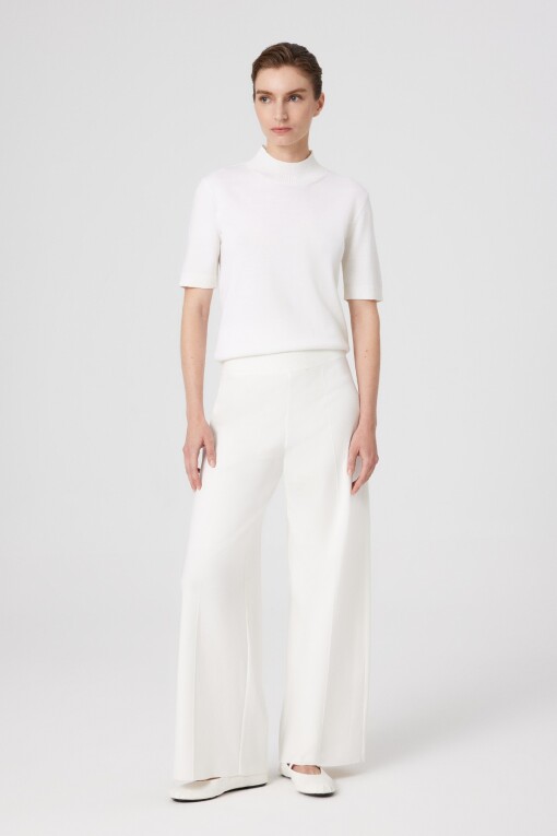 Ecru Ribbed Stitched Wide-Leg Women's Pants 