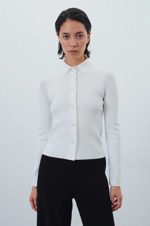 Ecru Shirt Collar Slim Fit Knit Women’s Cardigan - Triko Mısırlı