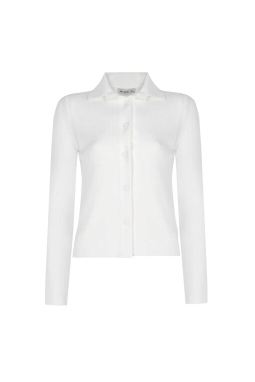 Ecru Shirt Collar Slim Fit Knit Women’s Cardigan - Triko Mısırlı