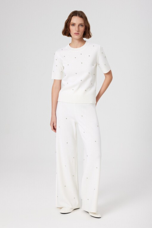 Ecru Embellished Short Sleeve Women's Sweater 