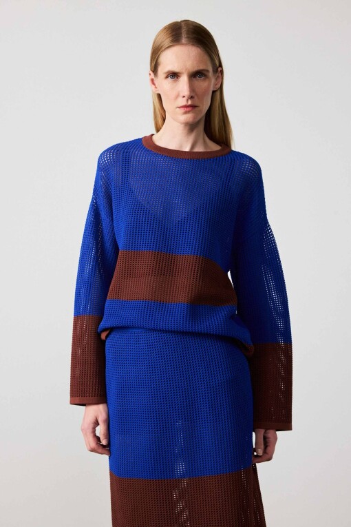 Royal Blue Brown Mercerized Midi Skirt - Triko Mısırlı