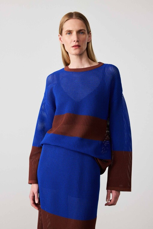 Royal Blue Brown Mercerized Midi Skirt - Triko Mısırlı